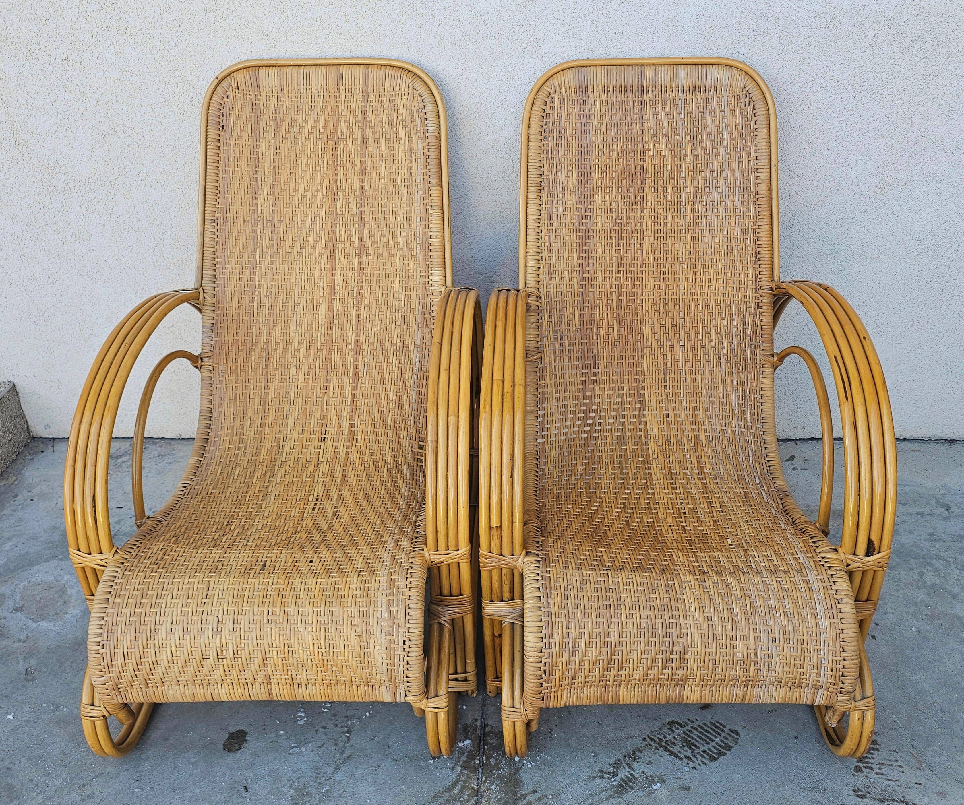Paire de chaises longues XXL Mid Century Modern en bambou et rotin