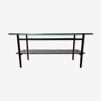 Coffee table with double tops in glass and black metal circa 1950