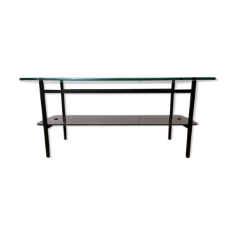 Coffee table with double tops in glass and black metal circa 1950