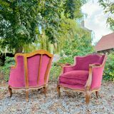 Pair of Louis XV Style Walnut Bergeres, 19th Century