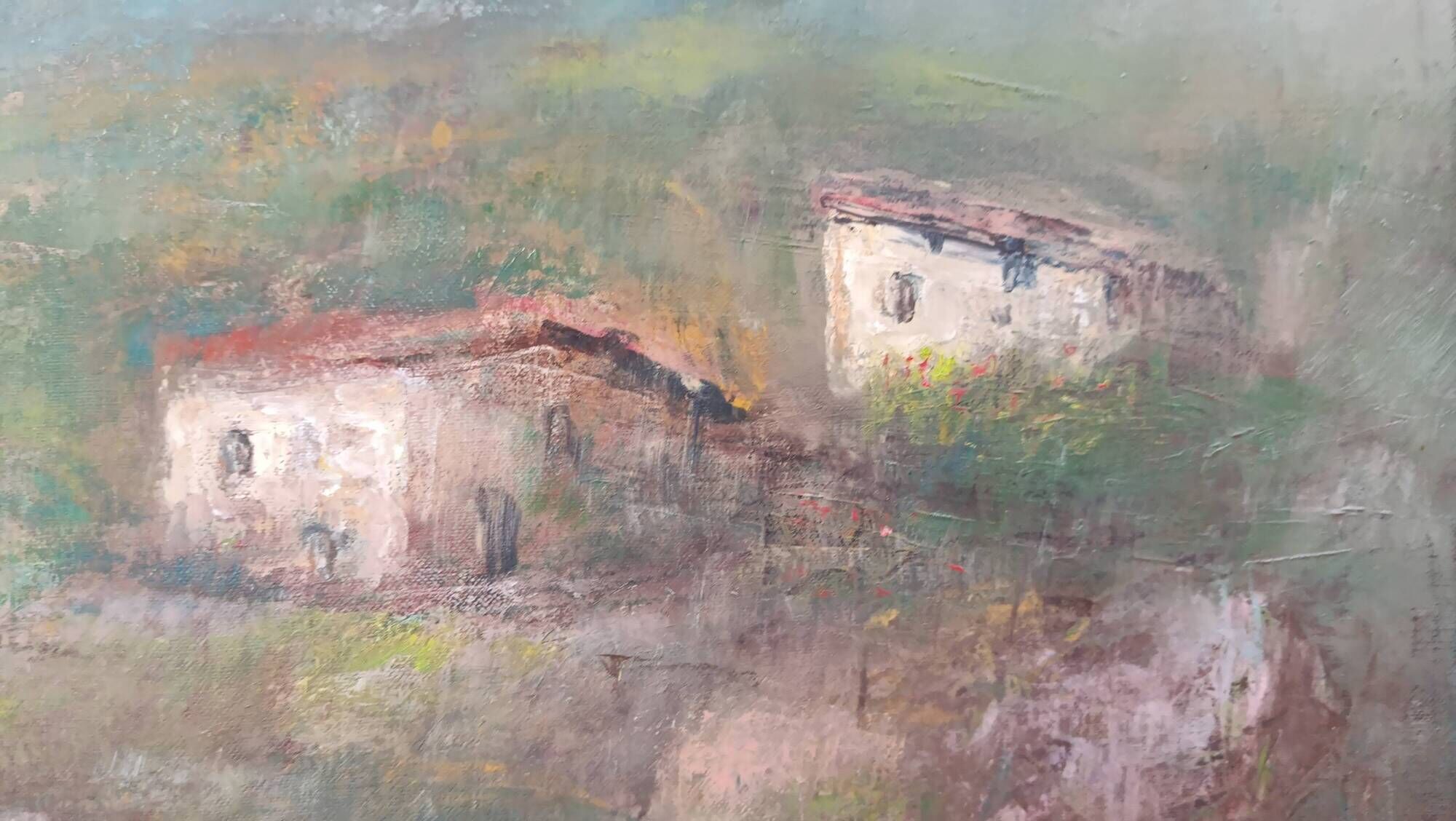 Oil canvas dwellings hill montferrat (piedmont italy) b. marino 1971