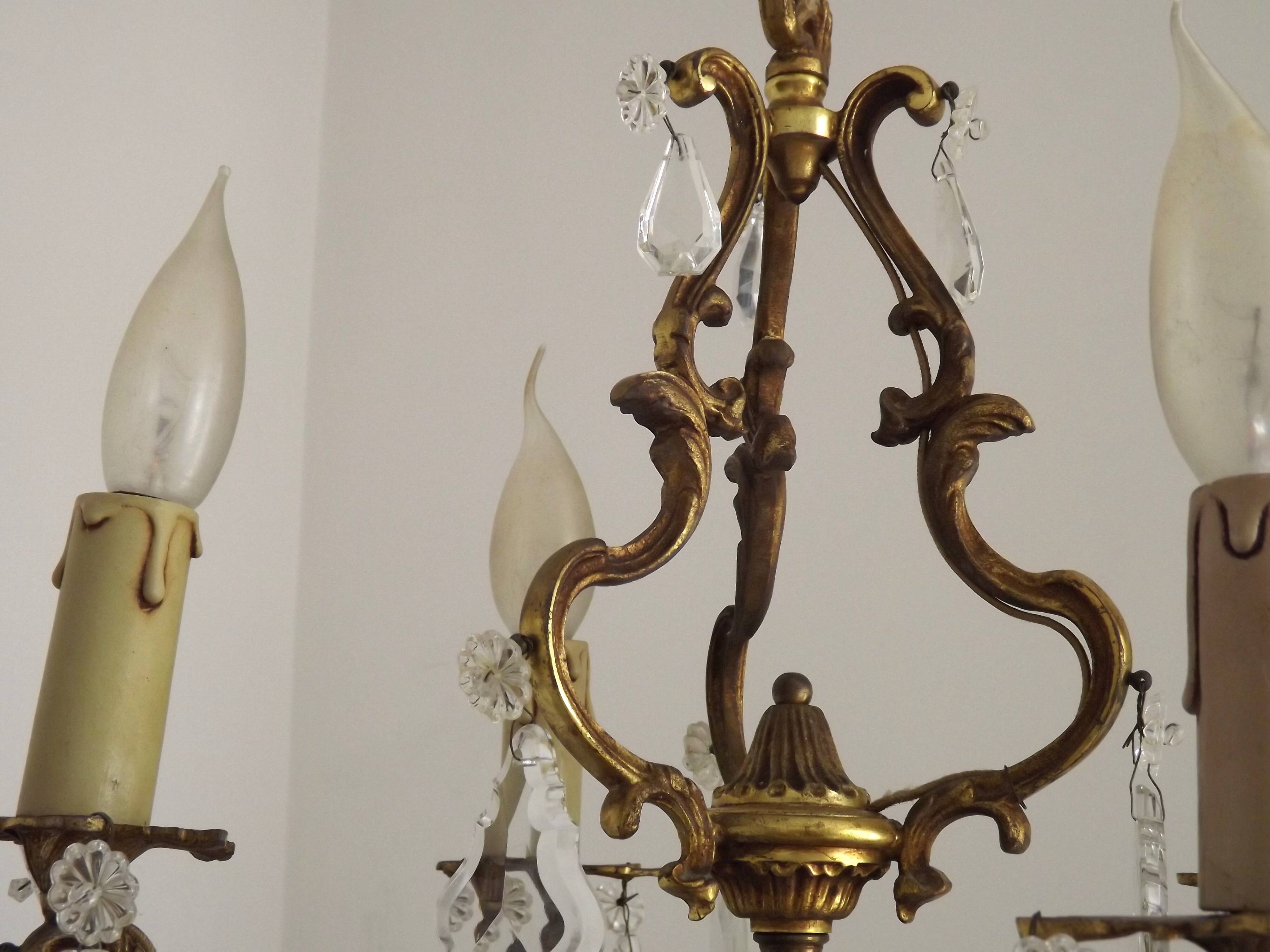 French Antique Art Nouveau 4 Light 3 Side Brass Crystal Cage Chandelier