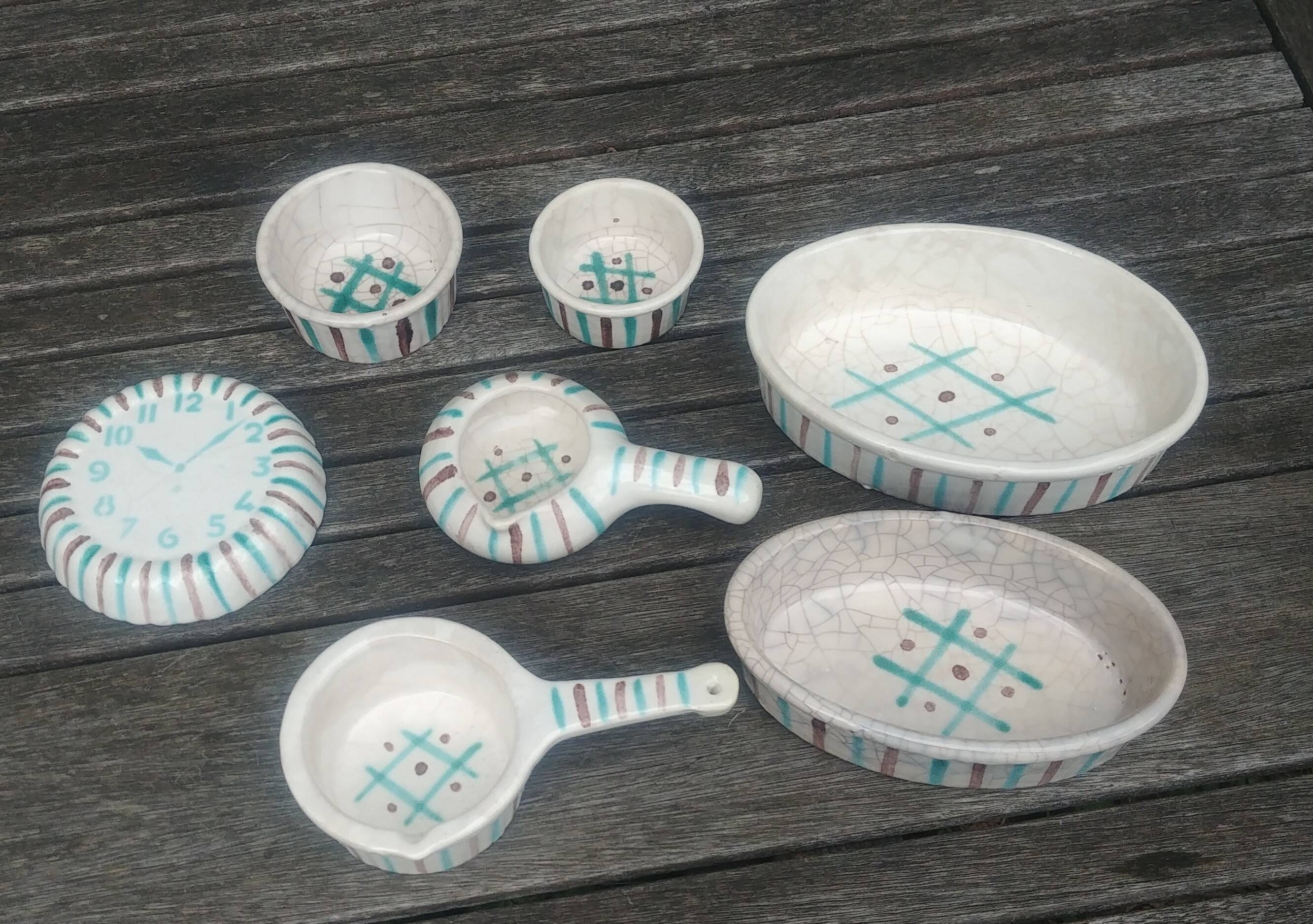 Glazed ceramic dinette from the Longchamp earthenware factory France vintage 60s abstract decor