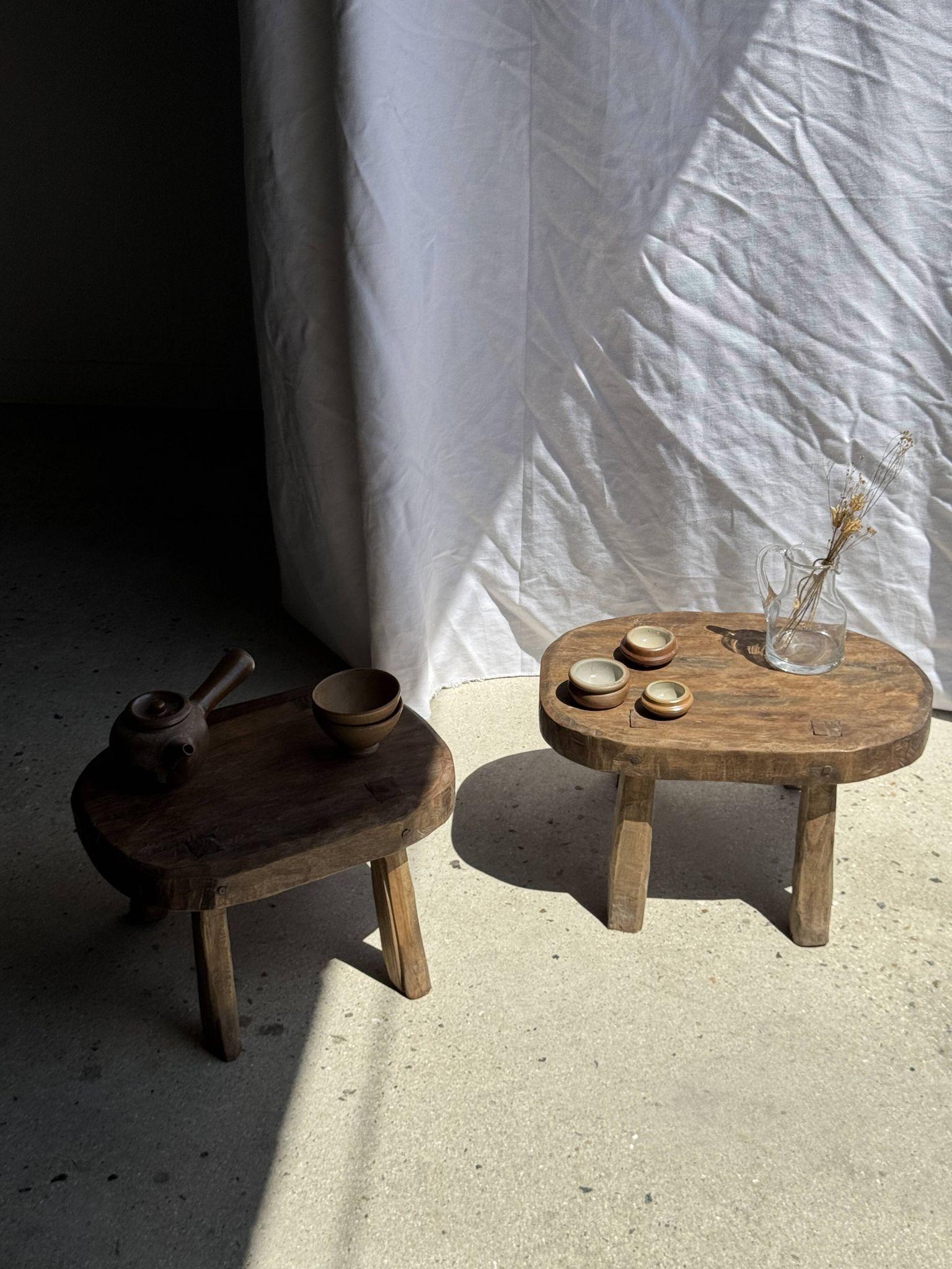 Small stool, oval solid teak accent stool with a two-tone seat.