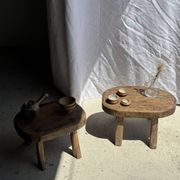 Small stool, oval solid teak accent stool with a two-tone seat.