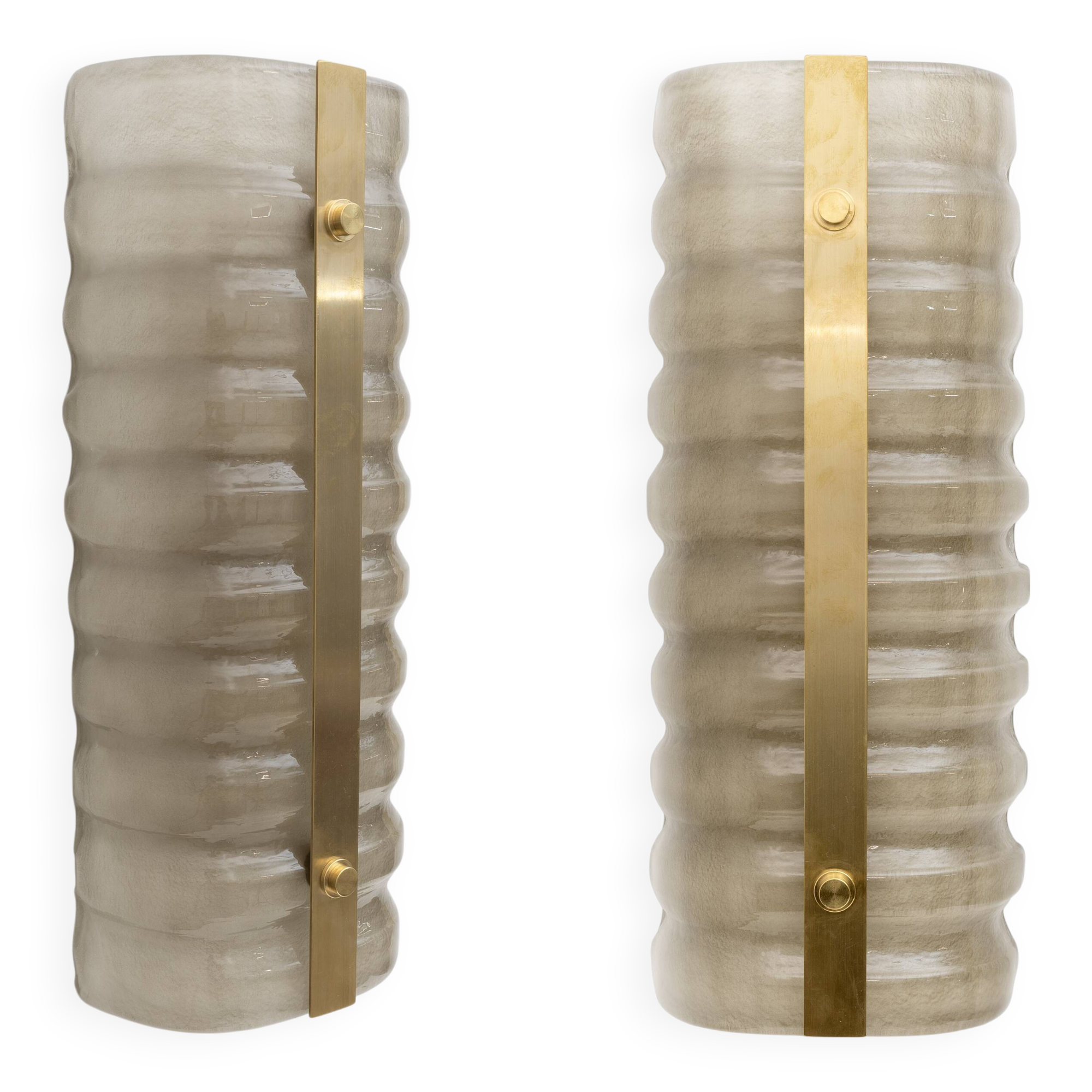 Pair of Modern Italian Brass and Smoke Murano Glass Wall Sconces