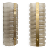 Pair of Modern Italian Brass and Smoke Murano Glass Wall Sconces
