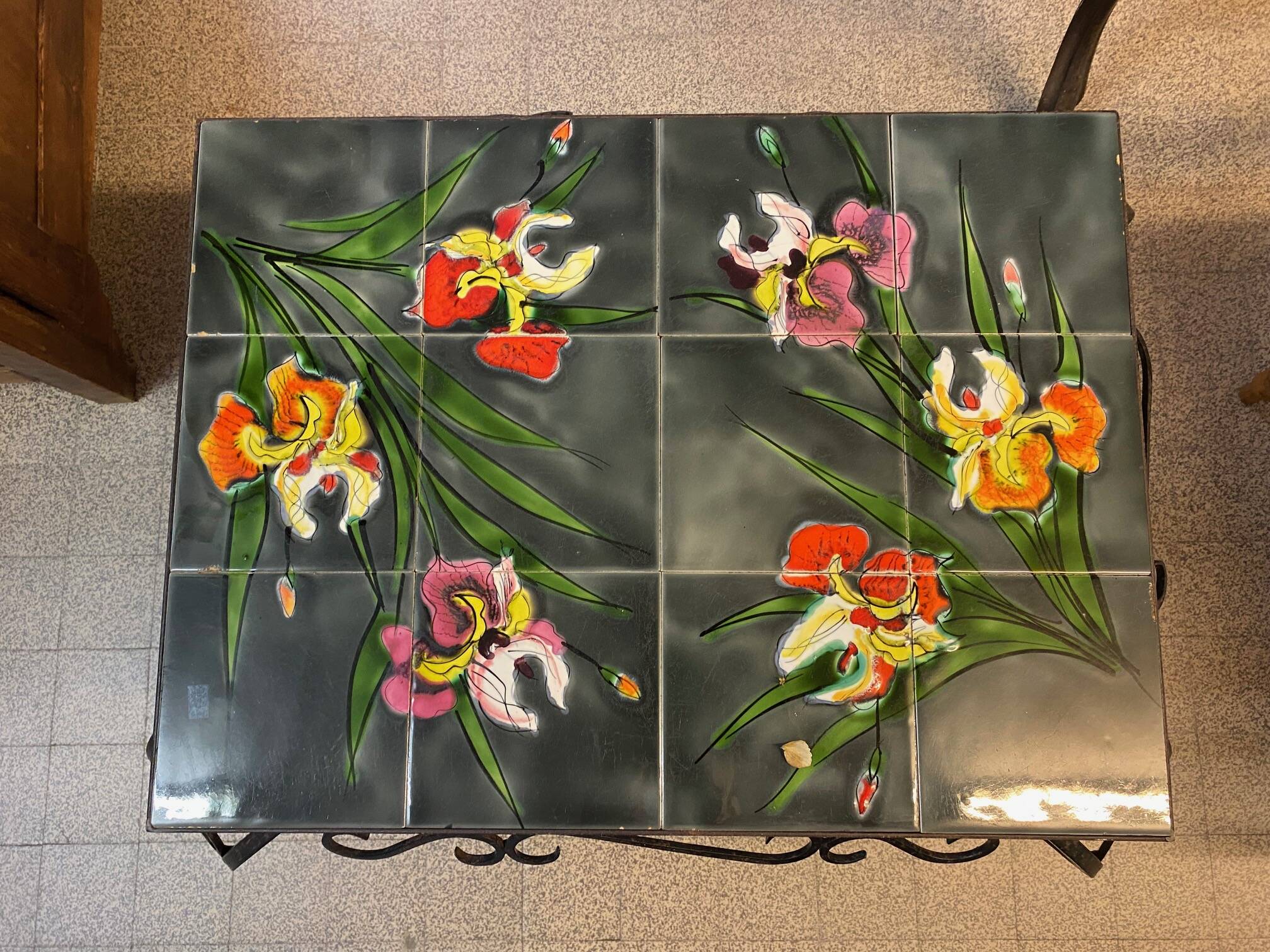 Vallauris coffee table signed rheaul faience tiles, flowers and wrought iron