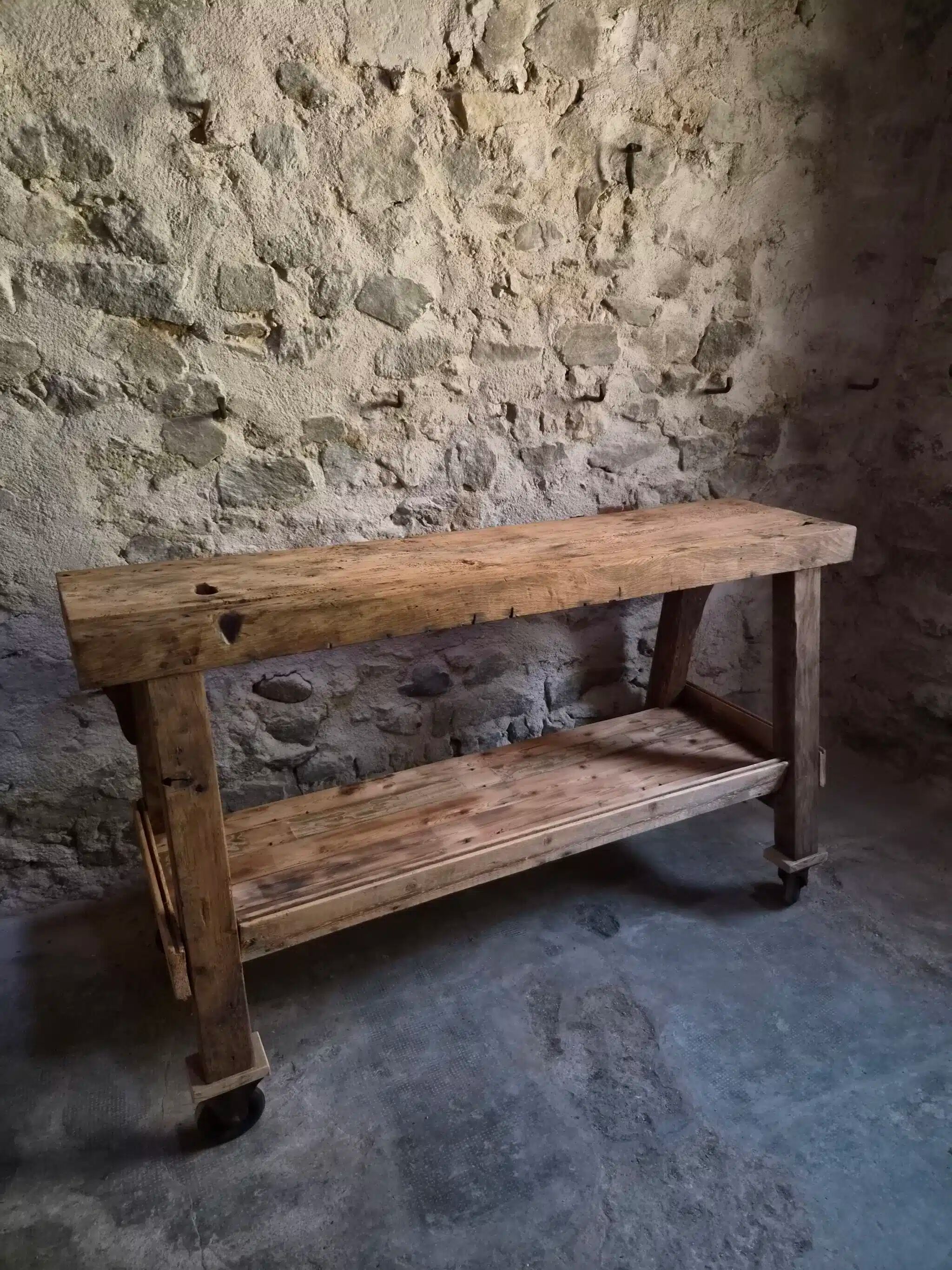 French industrial kitchen island, antique work table in chestnut and oak, circa 1900.