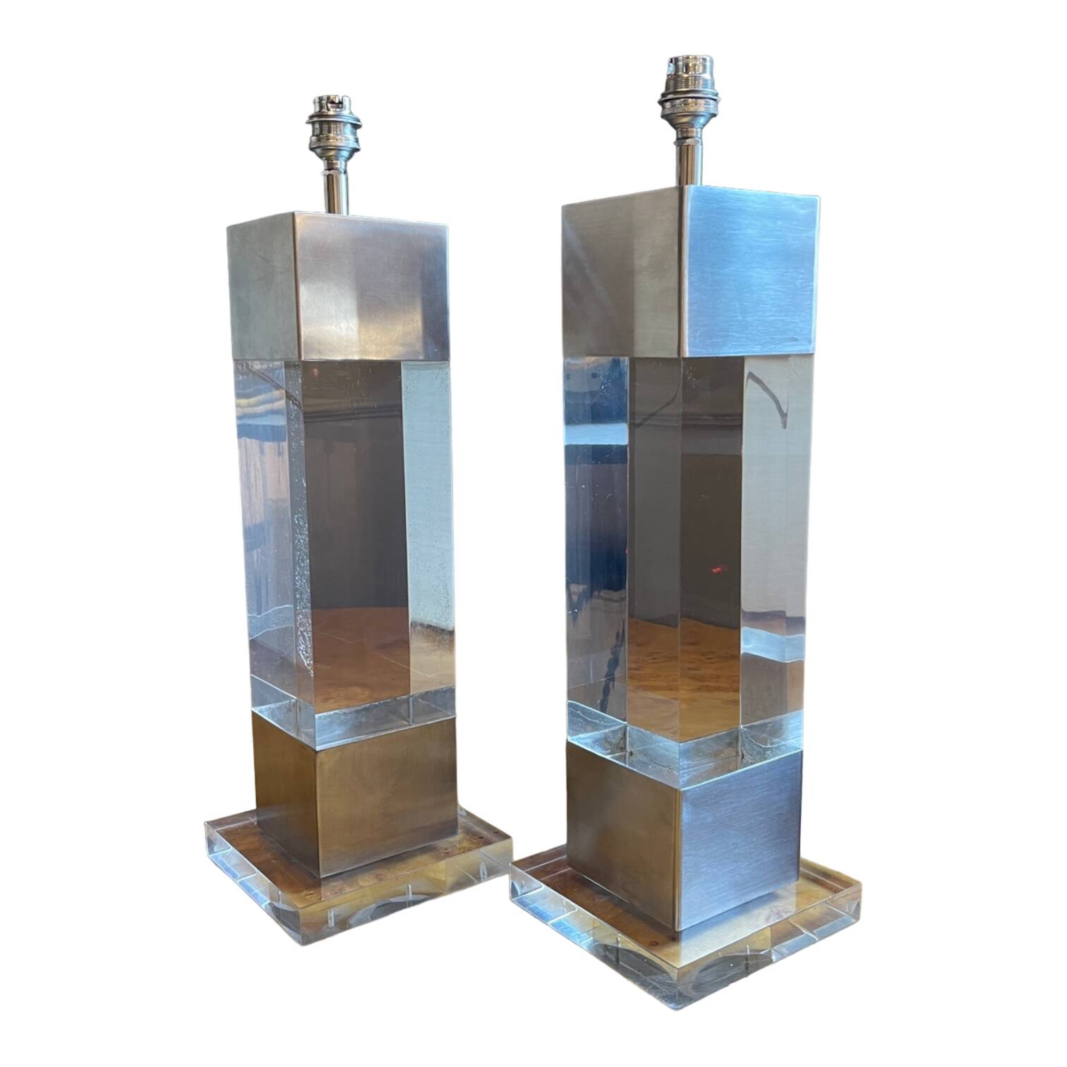 Pair of Plexiglass & Brushed Steel Lamps, Charles Hollis Jones, 1970s