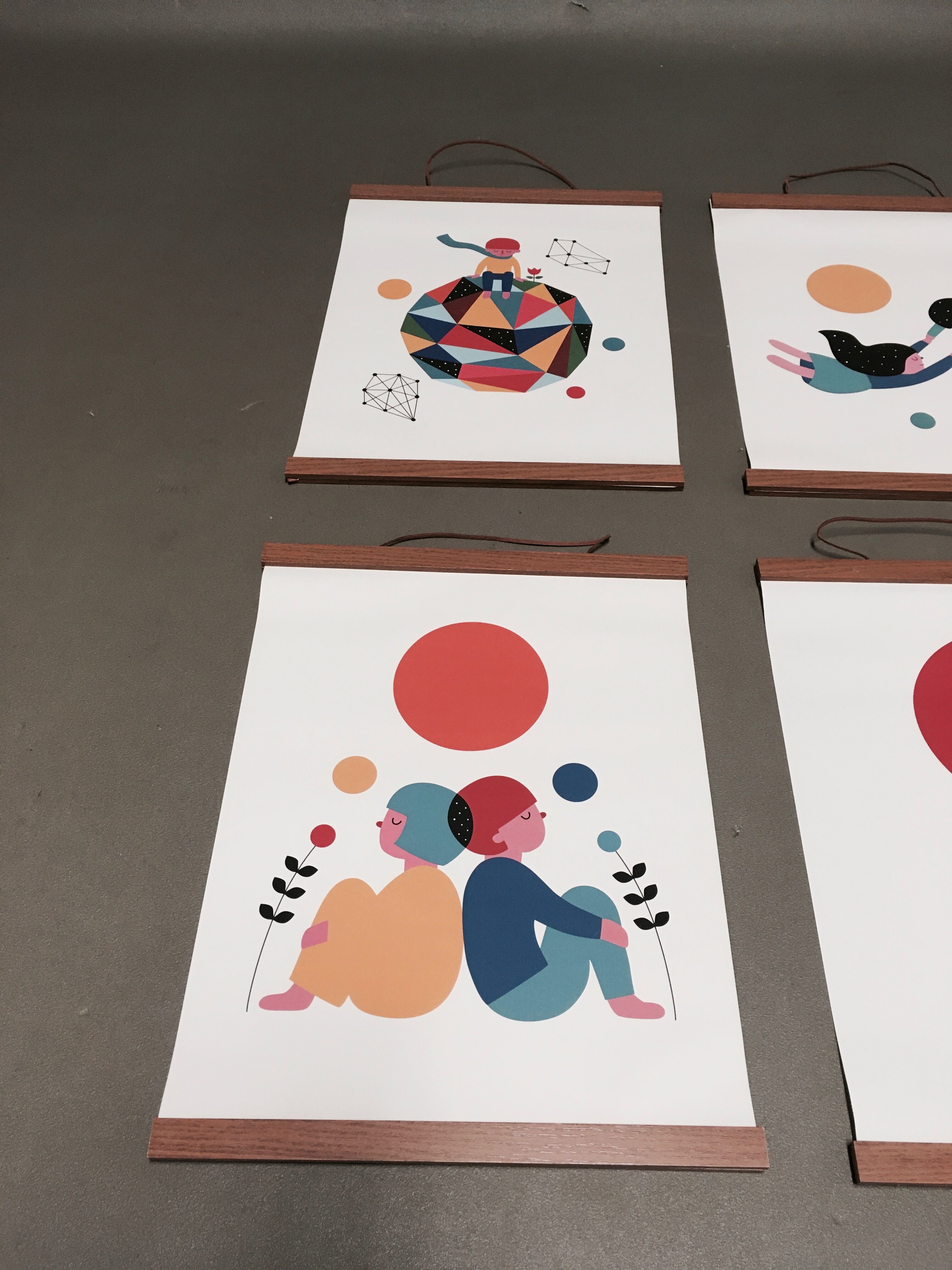 Set of 6 posters in leather and teak Scandinavian design