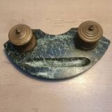 Ancien encrier, base marbre et encriers (x2)  en bronze ciselé, 19ème