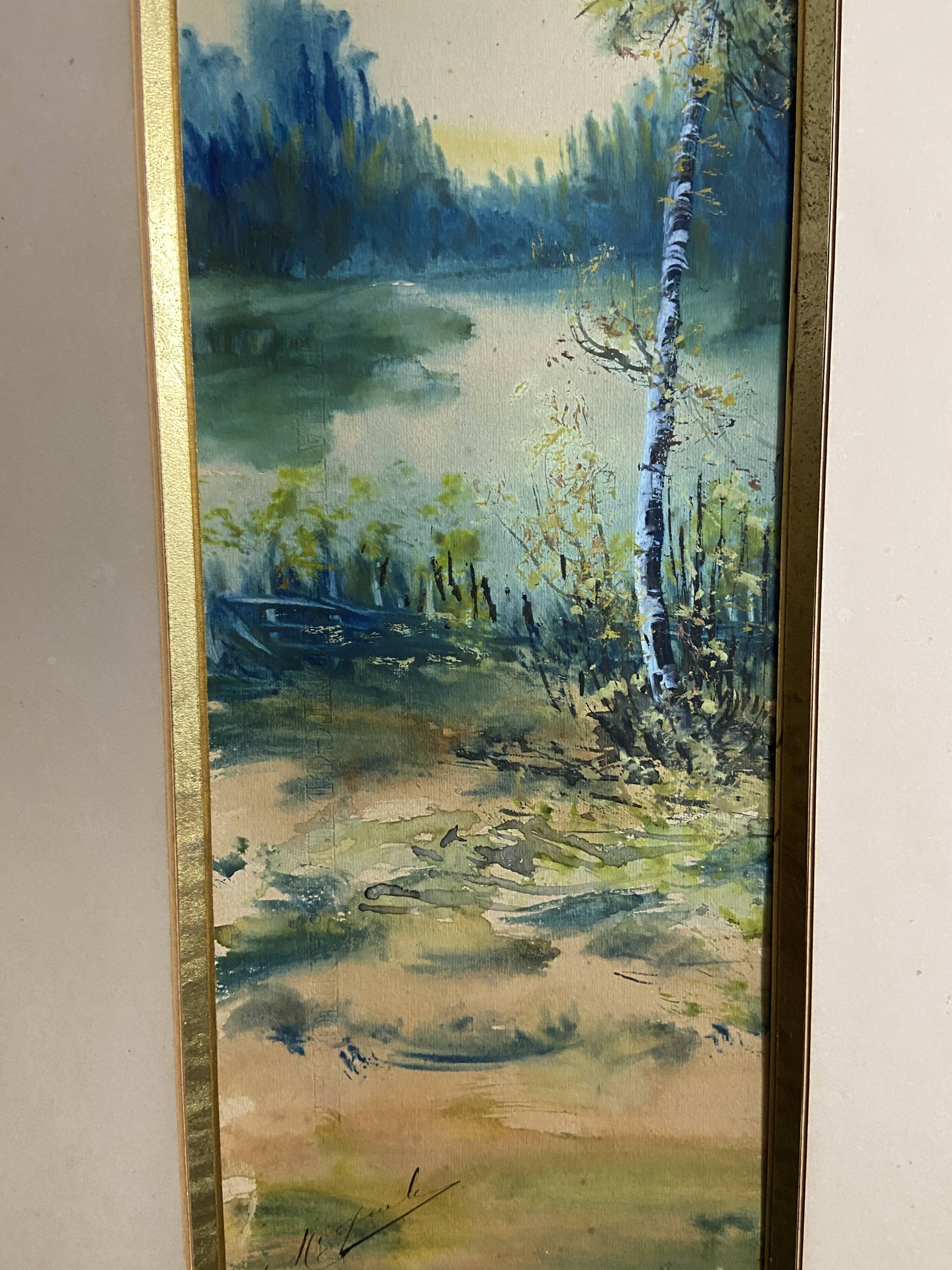 Large watercolor from the early 20th century, signed landscape of a wooded river bank