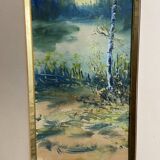 Large watercolor from the early 20th century, signed landscape of a wooded river bank