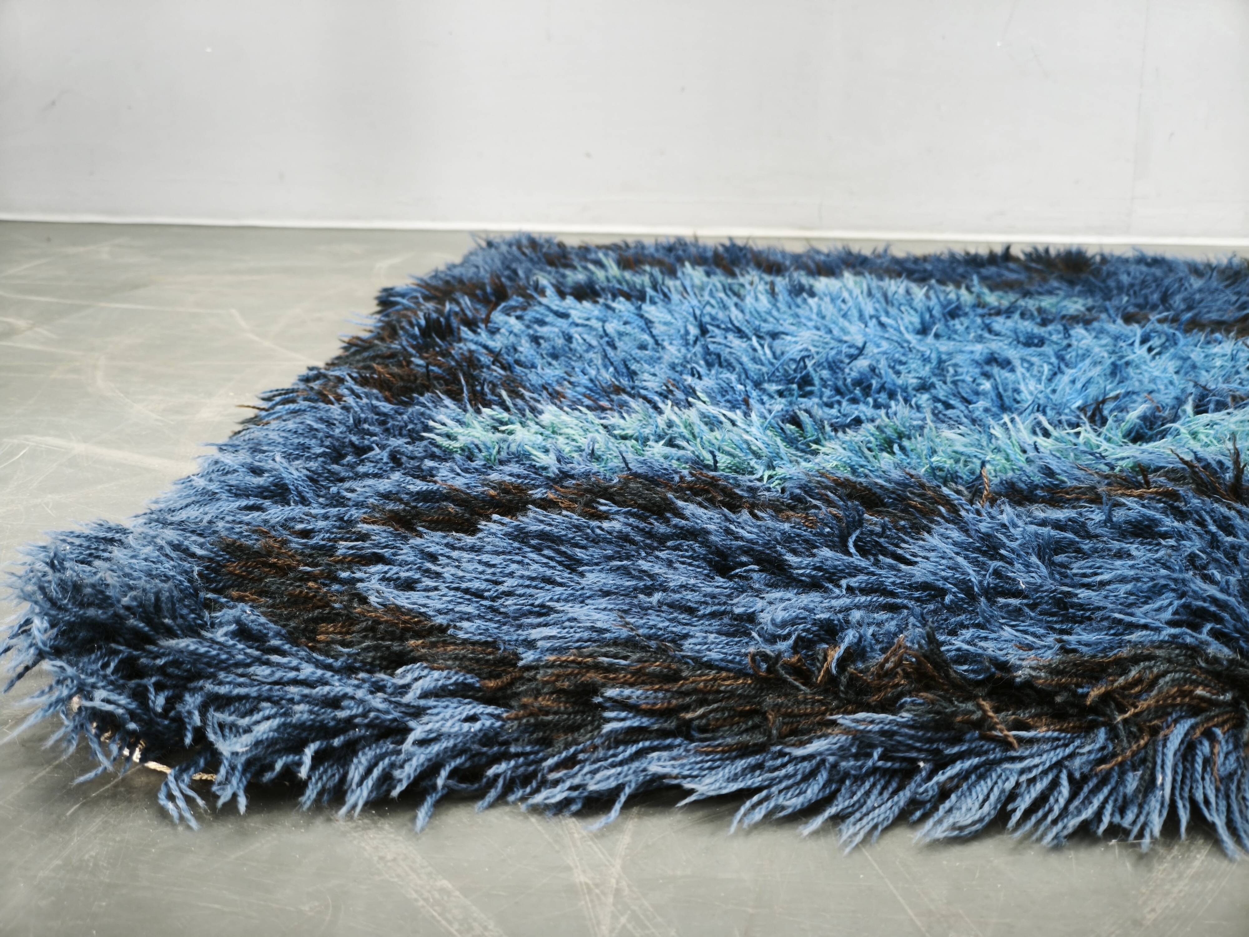 Large Danish Abstract Blue Wool Rya Rug in Ege Style