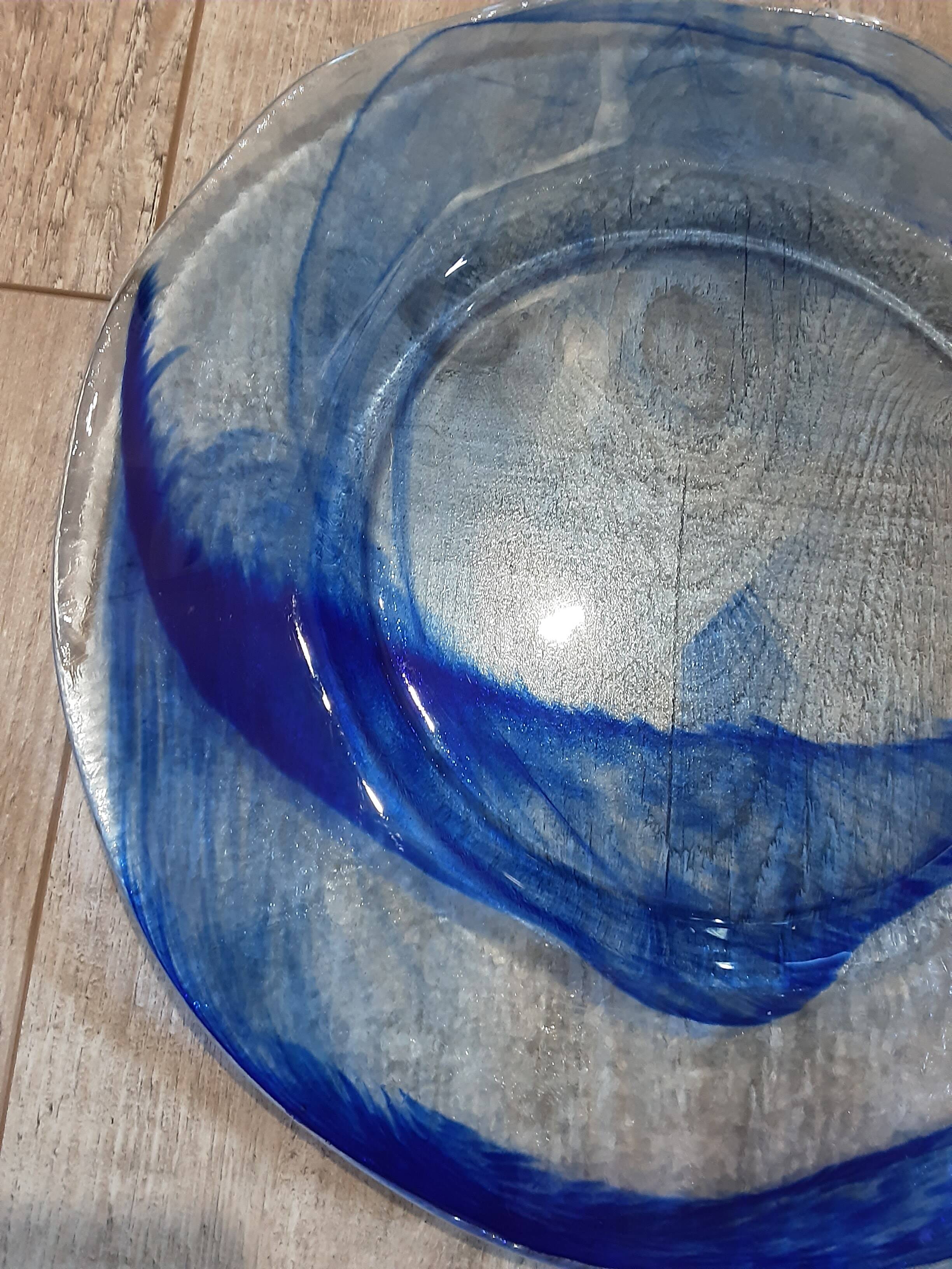Large round blue crystal dish