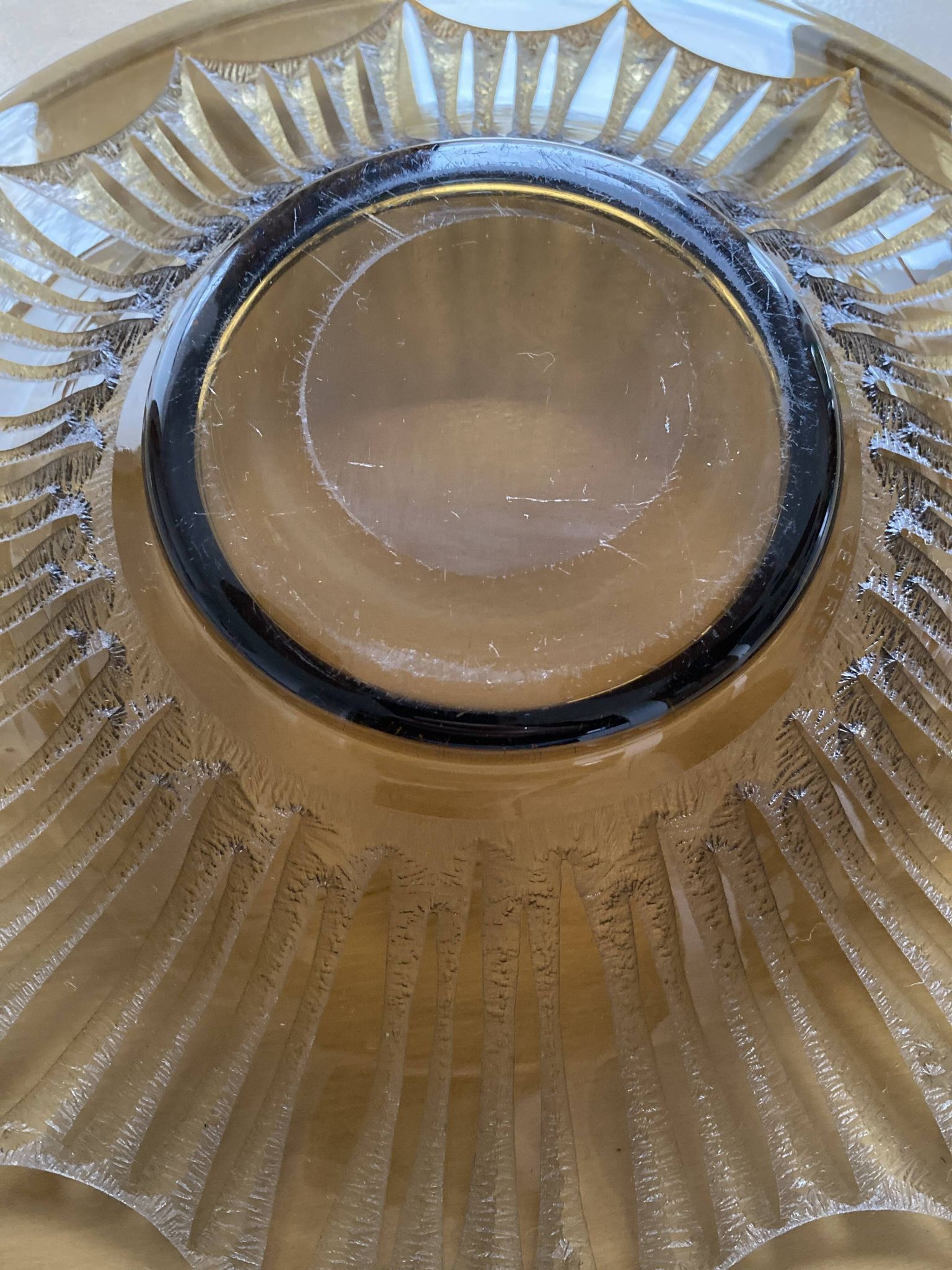 Old Verrex smoked glass fruit bowl, with a radius decoration cut into the glass