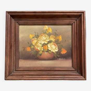 Oil on canvas still life by R. Waddoms 20th bouquet of flowers