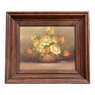 Huile sur toile nature morte par R. Waddoms XXe bouquet de fleurs