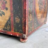 Coffre Populaire Peint Vintage Pin Massif – Art Folk Alsacien