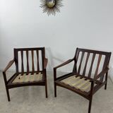 Set of 2 Scandinavian design teak armchairs from the 60s, new blue fabric