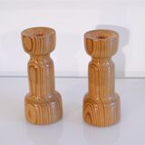 Pair of vintage Scandinavian candle holders in pine 1970