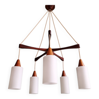 Large Scandinavian chandelier in teak and tubular white opaline, 1960.