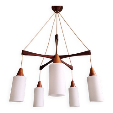 Large Scandinavian chandelier in teak and tubular white opaline, 1960.
