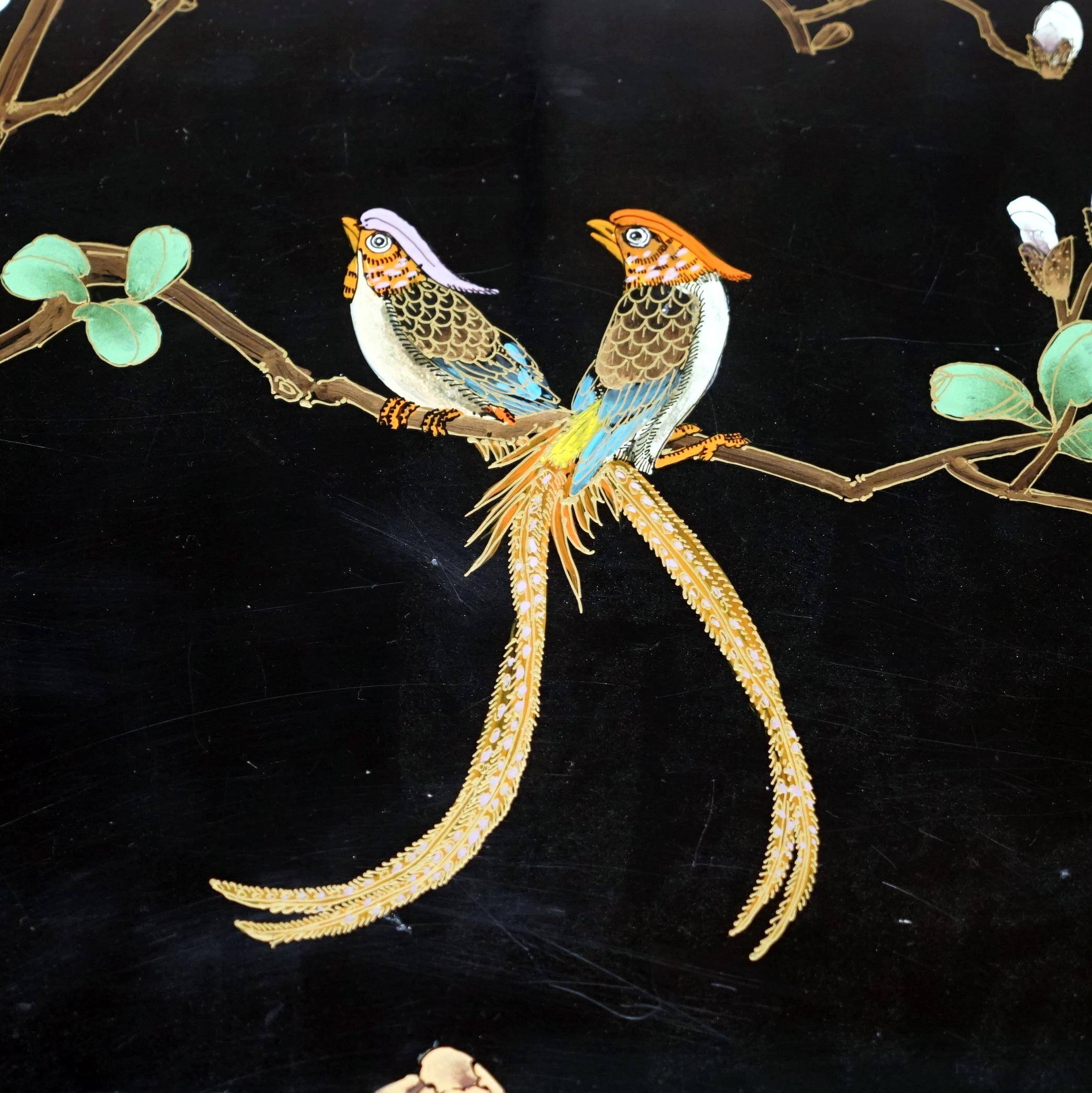 Bureau d'écriture vintage peint polychrome laqué noir avec oiseaux et fleurs