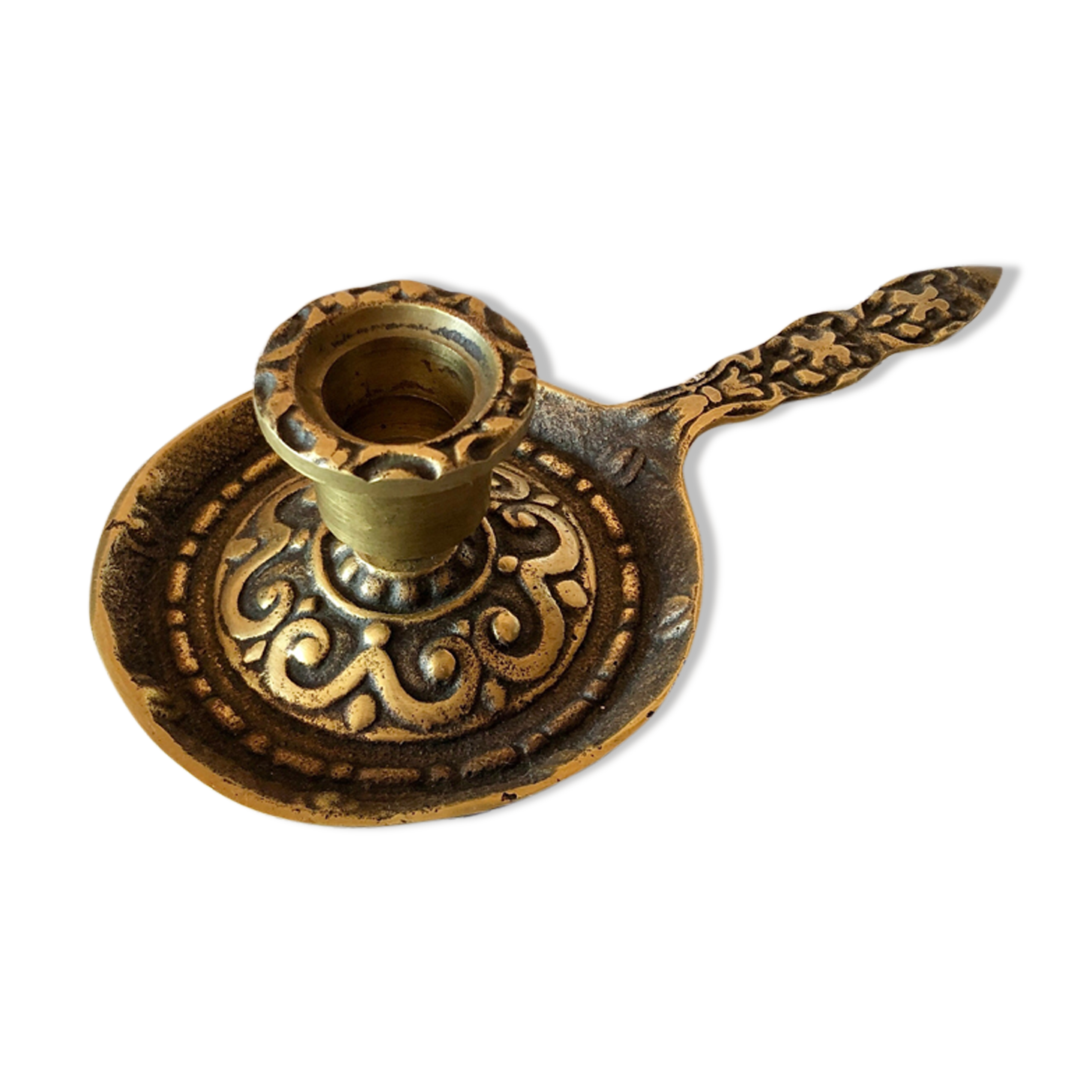 Hand candle holder medieval style solid brass twentieth century
