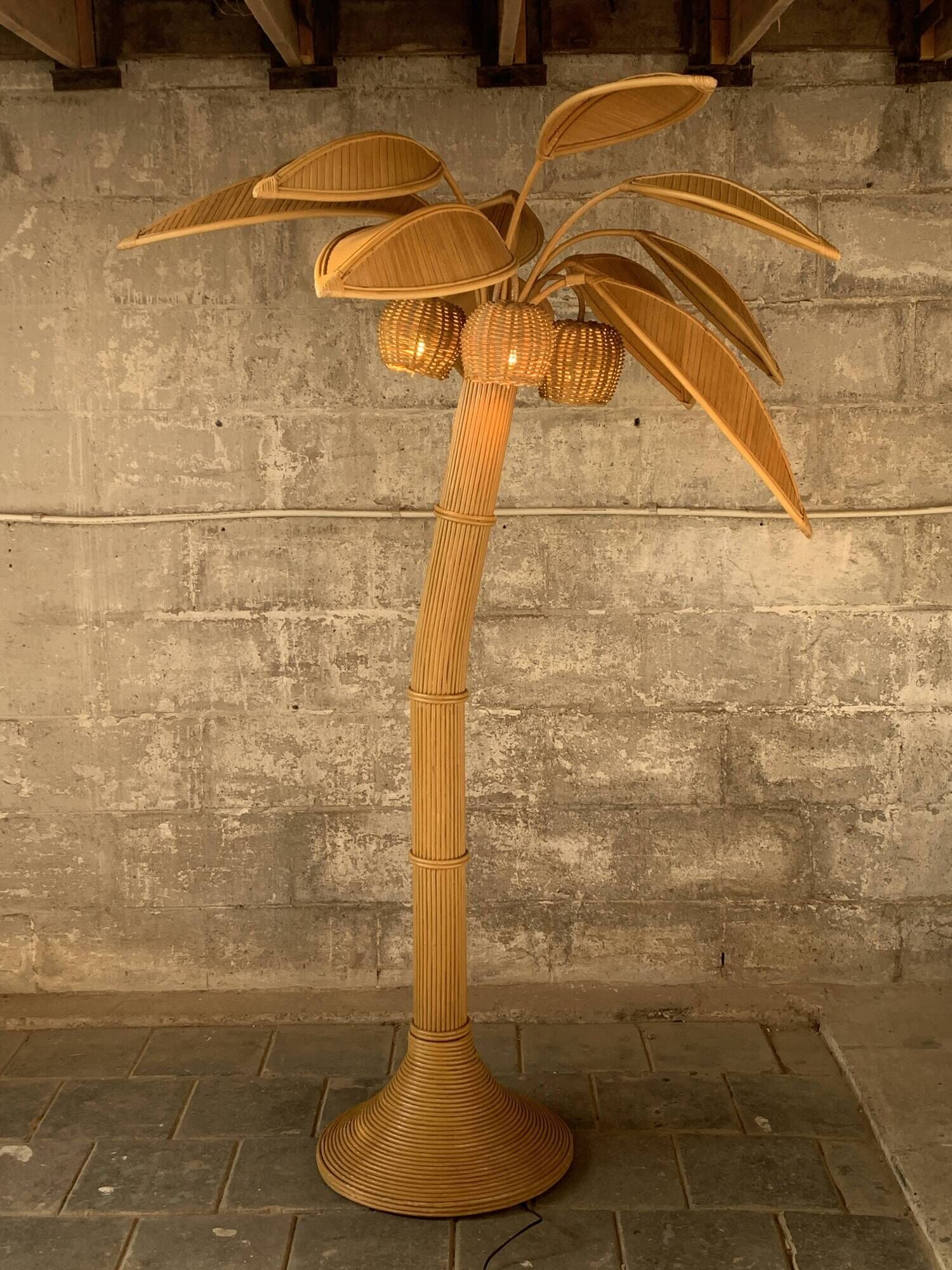 Pencil Reed rattan bamboo coconut palm tree floor lamp, Mario Lopez Torres, 1970s