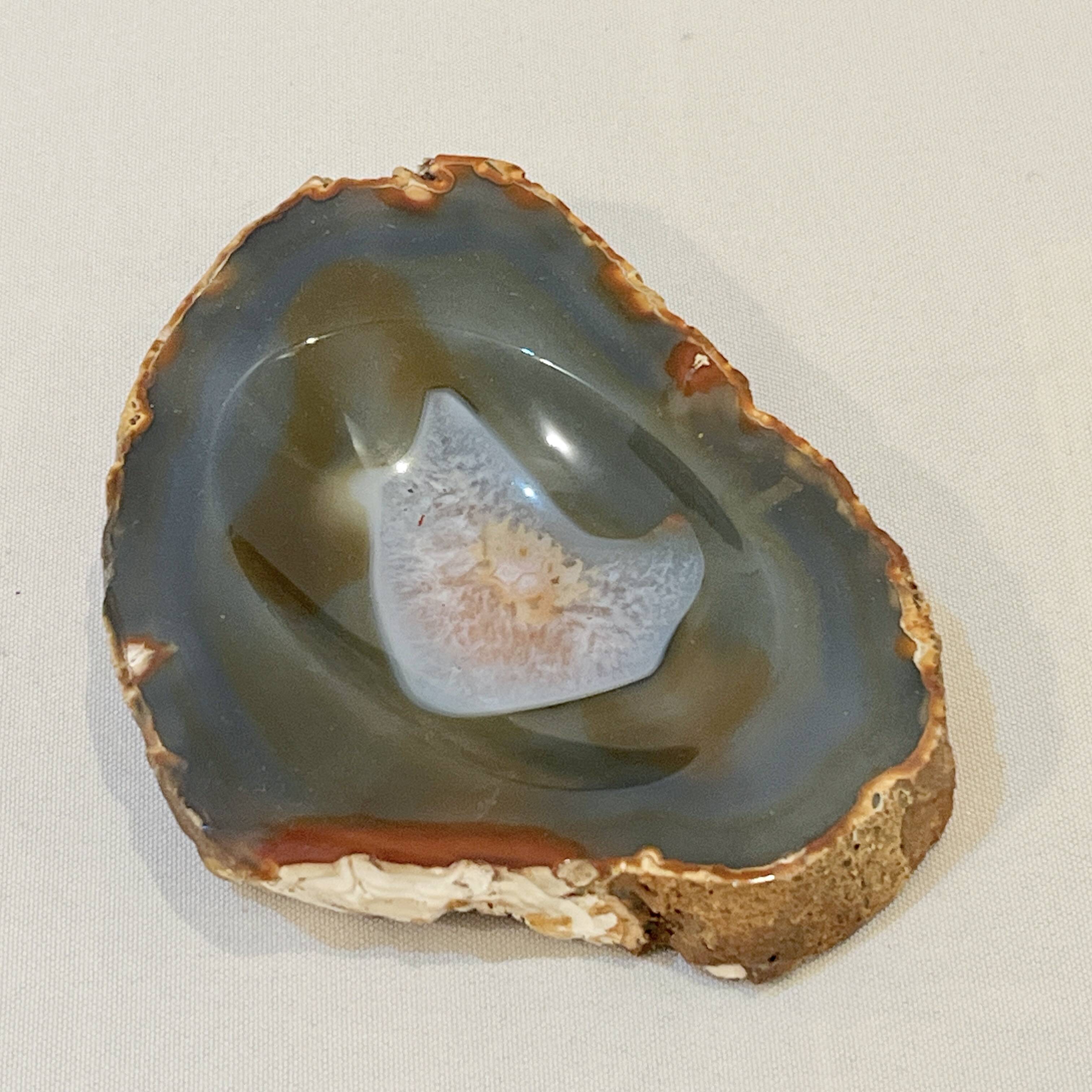 Vintage blue ochre agate slice tray, agate ashtray, 1960s