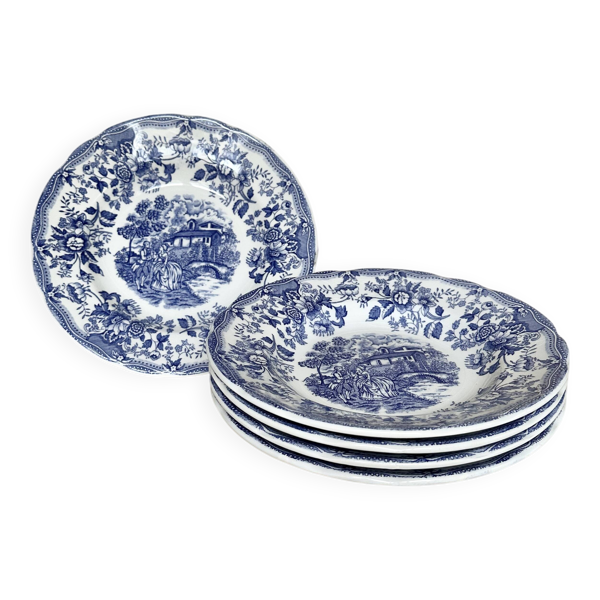 Set de cinq assiettes creuses anglaises, en céramique ironstone, scène romantique