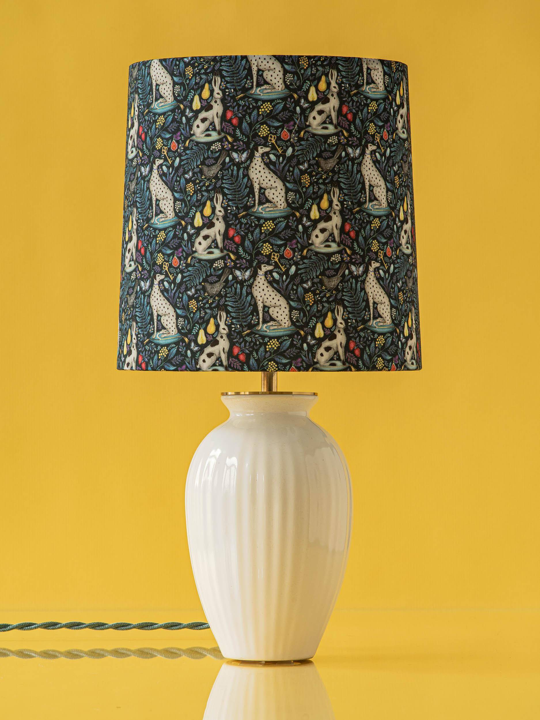 Royal Delft white ceramic table lamp with Liberty London shade, 1930s.