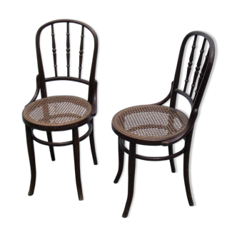 Paire de chaises de bar  bistrot cannée Fischel 1900 bois courbé