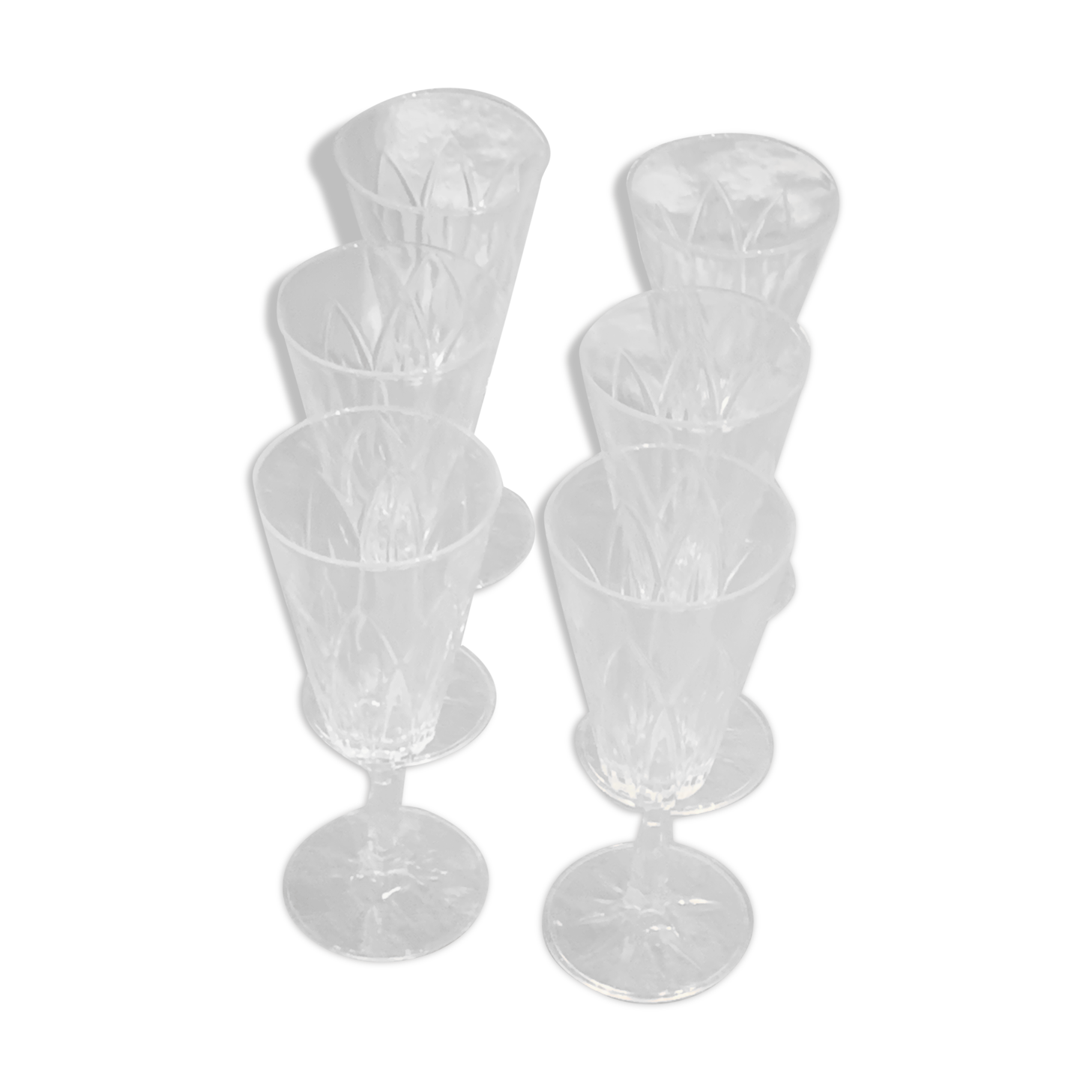 6 vintage champagne flutes patterned leaves or petals