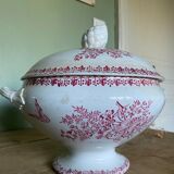 Pink ironstone soup tureen with rustic motif, floral butterflies and bees