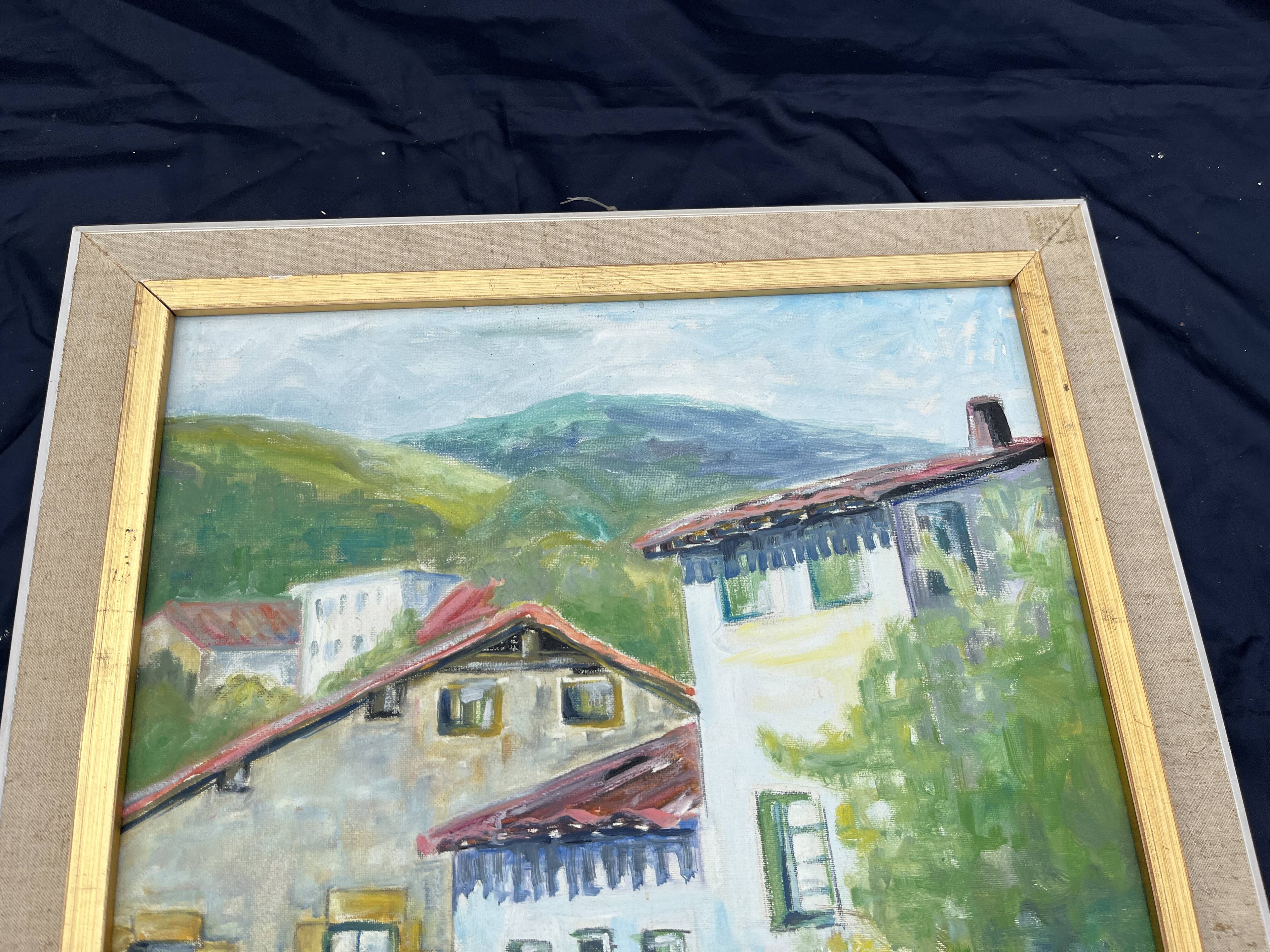 Painting, Basque house with green shutters