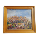 Tableau huile sur toile "Ramasseurs de châtaignes" Louis Combalot