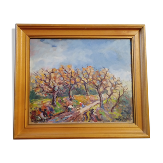 Oil painting on canvas "Chestnut gatherers" Louis Combalot