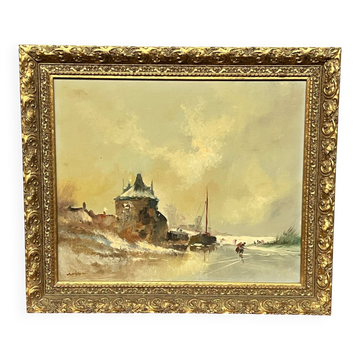 Landscape signed "Winter Ski". Oil on wood panel.