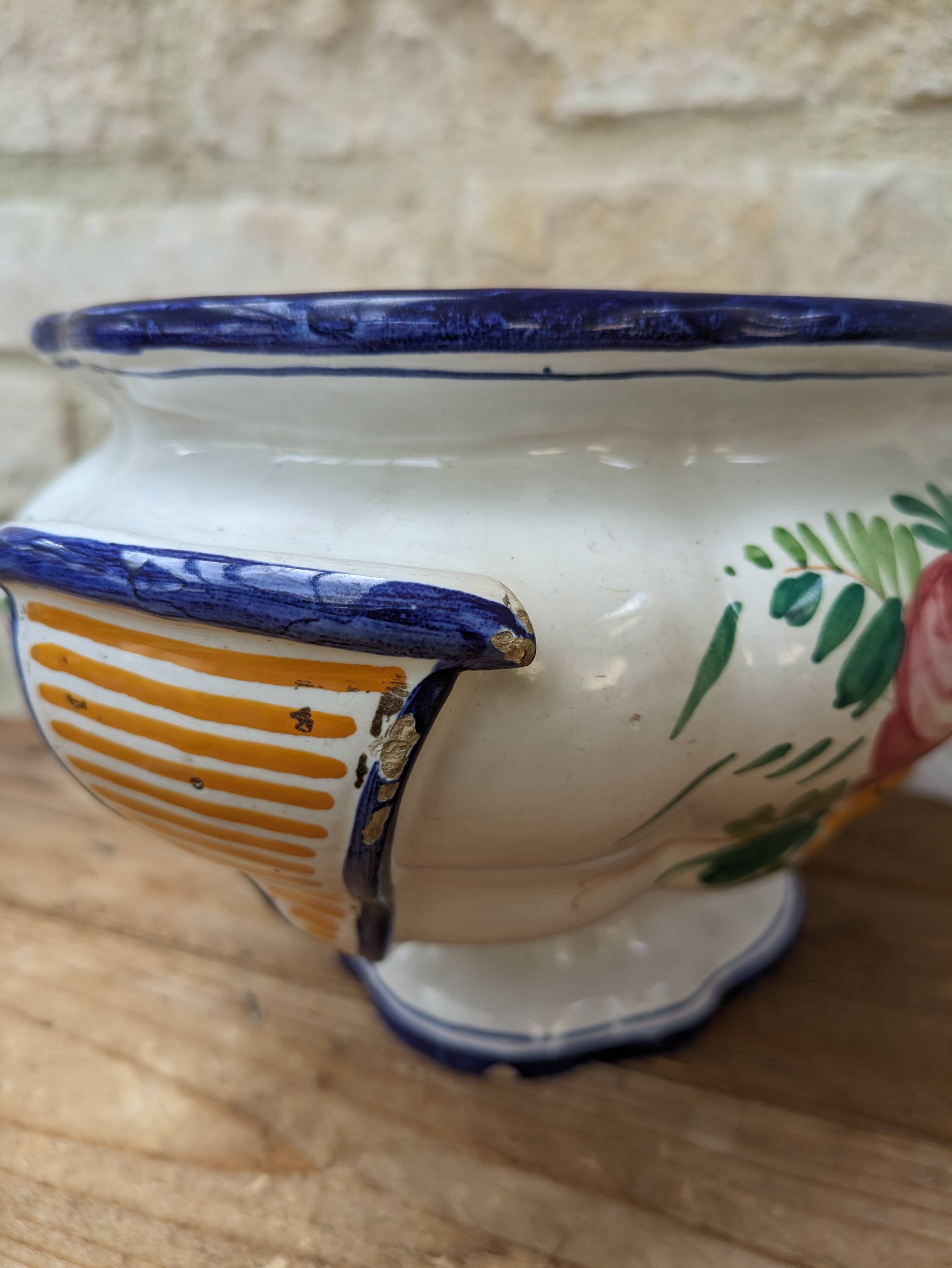 Old serving dish, vegetable dish, soup tureen without lid, flower decoration
