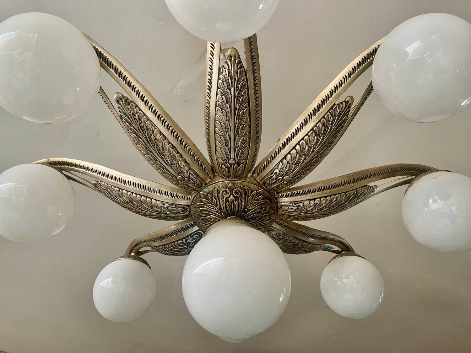Art Deco ceiling light in bronze with 9 glass globes, France 1935