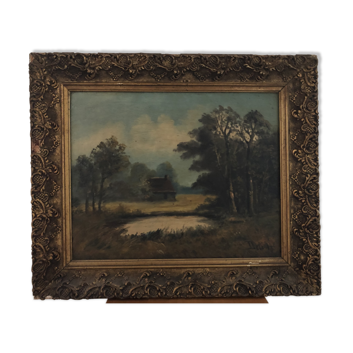 Huile sur toile paysage lacustre