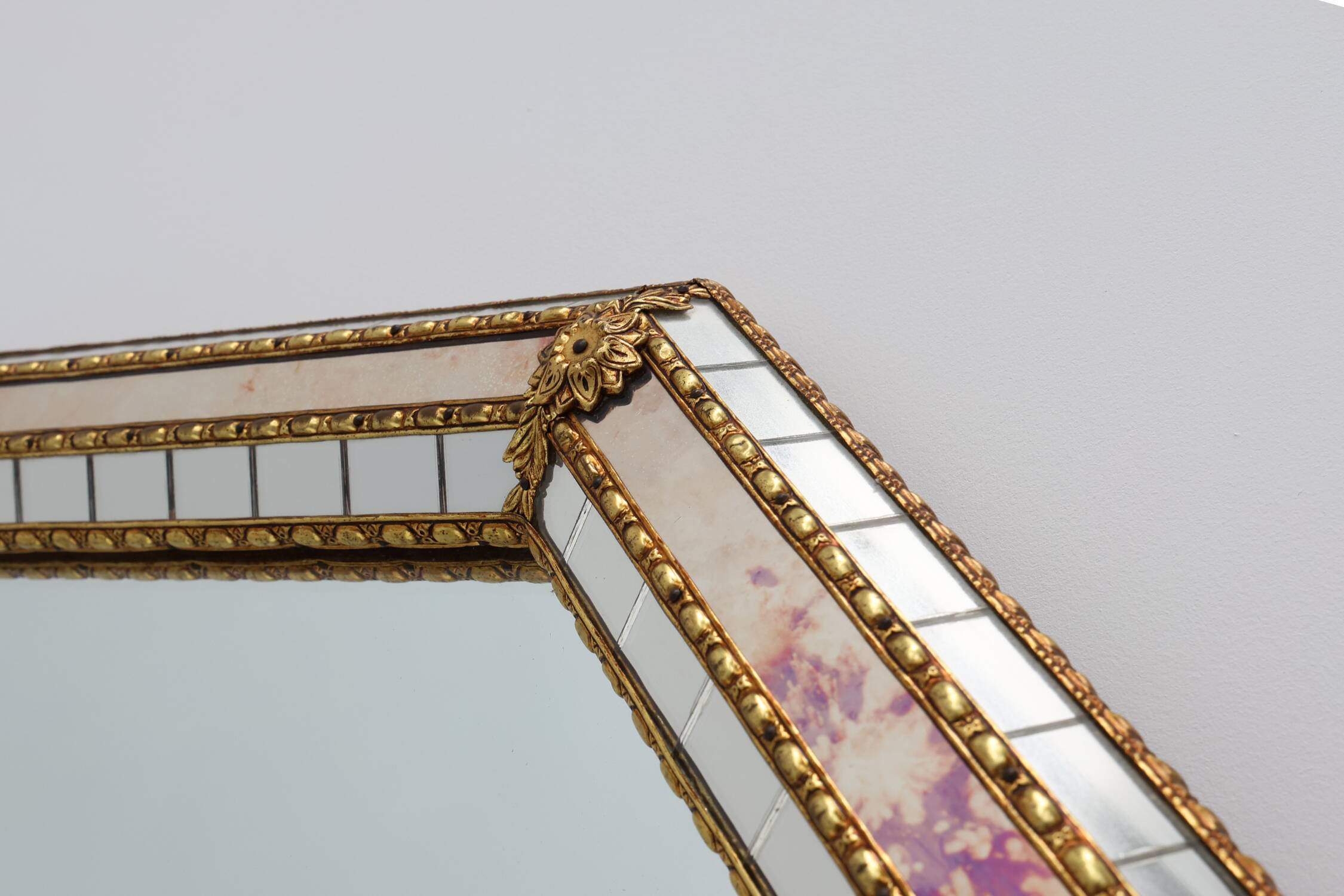 Venetian style octagonal mirror marked MGB, Planilux, Cristanola, Spain