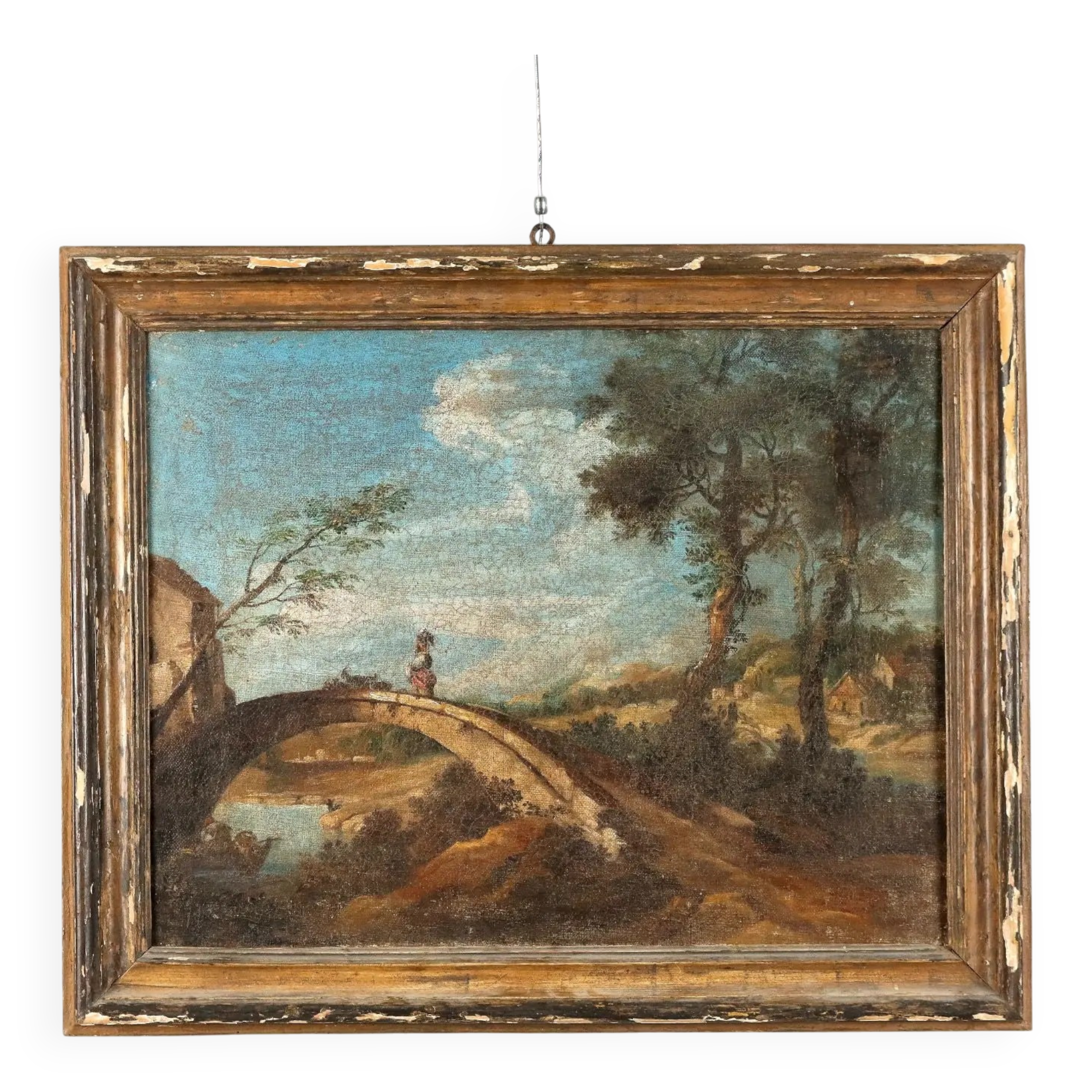 Old painting landscape with bridge, oil on canvas, 18th century