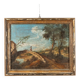 Old painting landscape with bridge, oil on canvas, 18th century