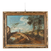 Old painting landscape with bridge, oil on canvas, 18th century