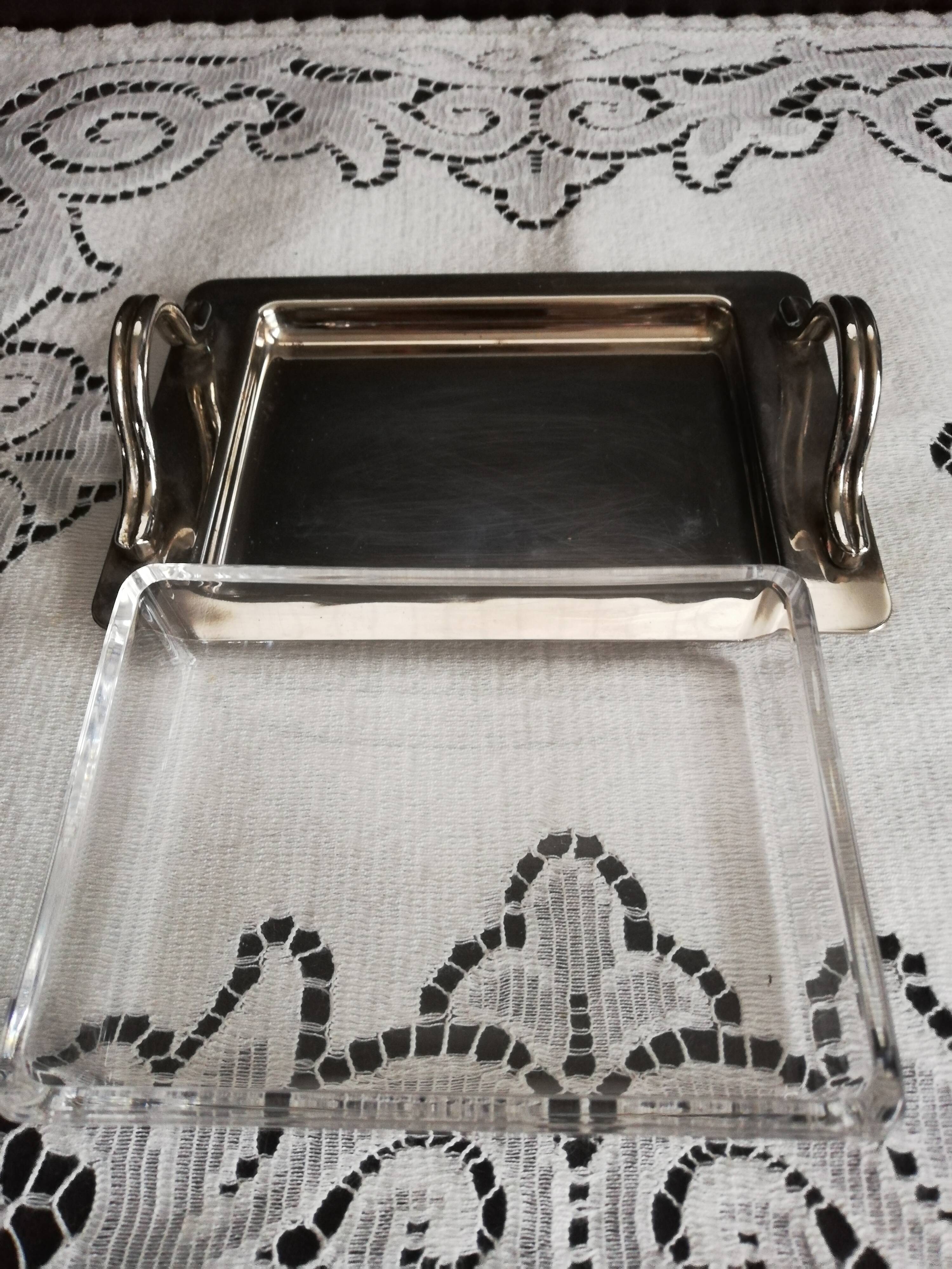 Art deco glass and silver metal butter dish