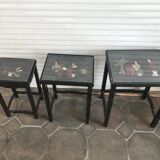 Chinese nesting tables in lacquered wood inlays of hard stones 60s